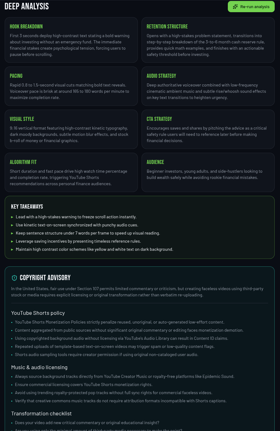 Deep analysis screen with hook breakdown, pacing, audio strategy and key takeaways